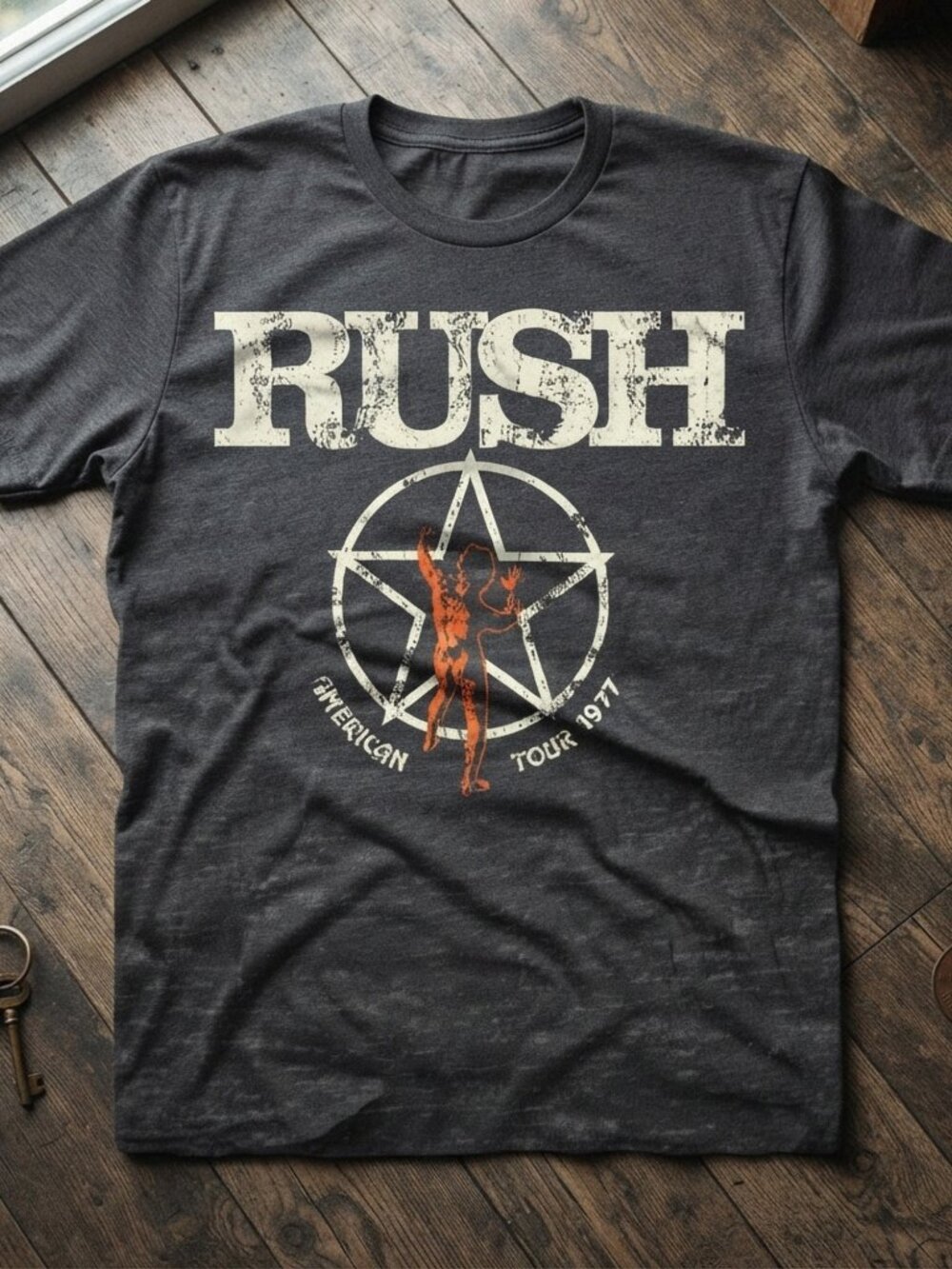 Rush American Tour 1977 Vintage Style Graphic Charcoal T-Shirt